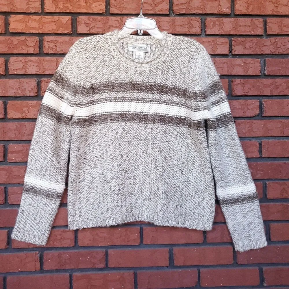 VTG Roll Neck Sweater Sz L Wool Blend Chunky Fisherman Beige Neutral Stripe